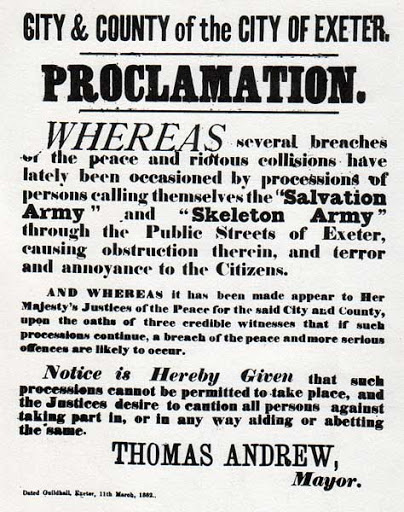 And here is a proclamation by the City of Exeter banning both Skeleton and Salvation Army marches in 1882: 16/