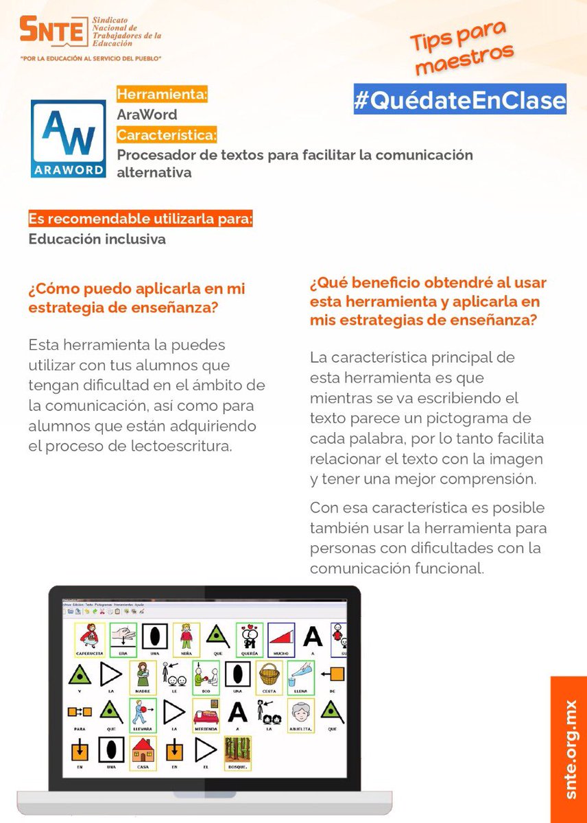 Admon26's tweet photo. 🔴 Apoya a tus alumnos de enseñanza especial con la App #AraWord 📲 Permite la escritura simultánea de texto y pictogramas para fortalecer la educación inclusiva 👉Más #SNTEtips 💡  https://t.co/FRt5I7nP7q

#QuedateEnCasa 
#QuedateEnClase ✅ https://t.co/RkbN10AGDs