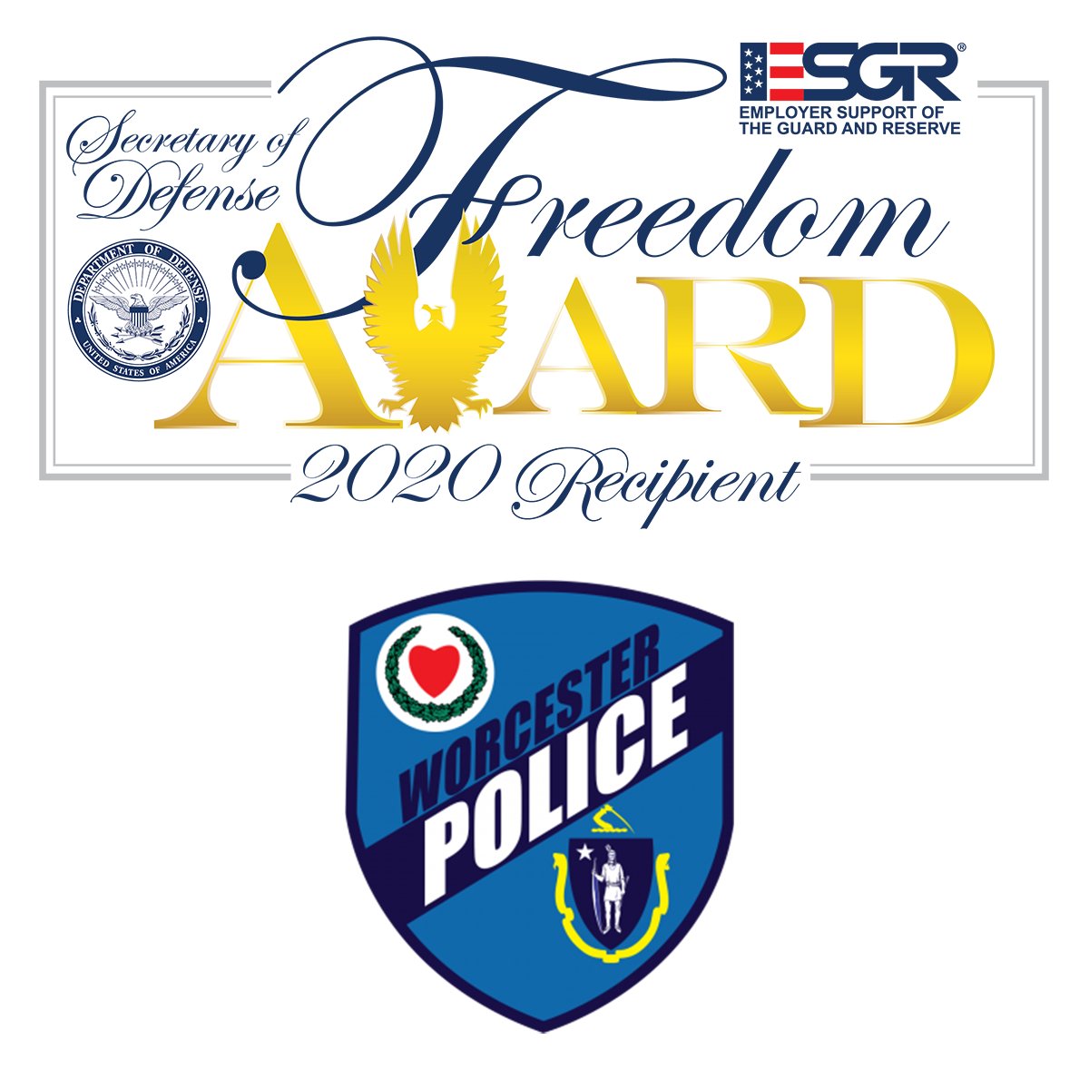 ESGR's tweet photo. With innovative programs, generous pay &amp; leave policies, care and concern for its #GuardandReserve employees &amp; families, @WorcesterPD's forward-thinking treatment of its mil employees helped earn it the 2020 #SecDefFreedomAward. Congrats! Nominated by @USNationalGuard employee. https://t.co/bc74tXsluY