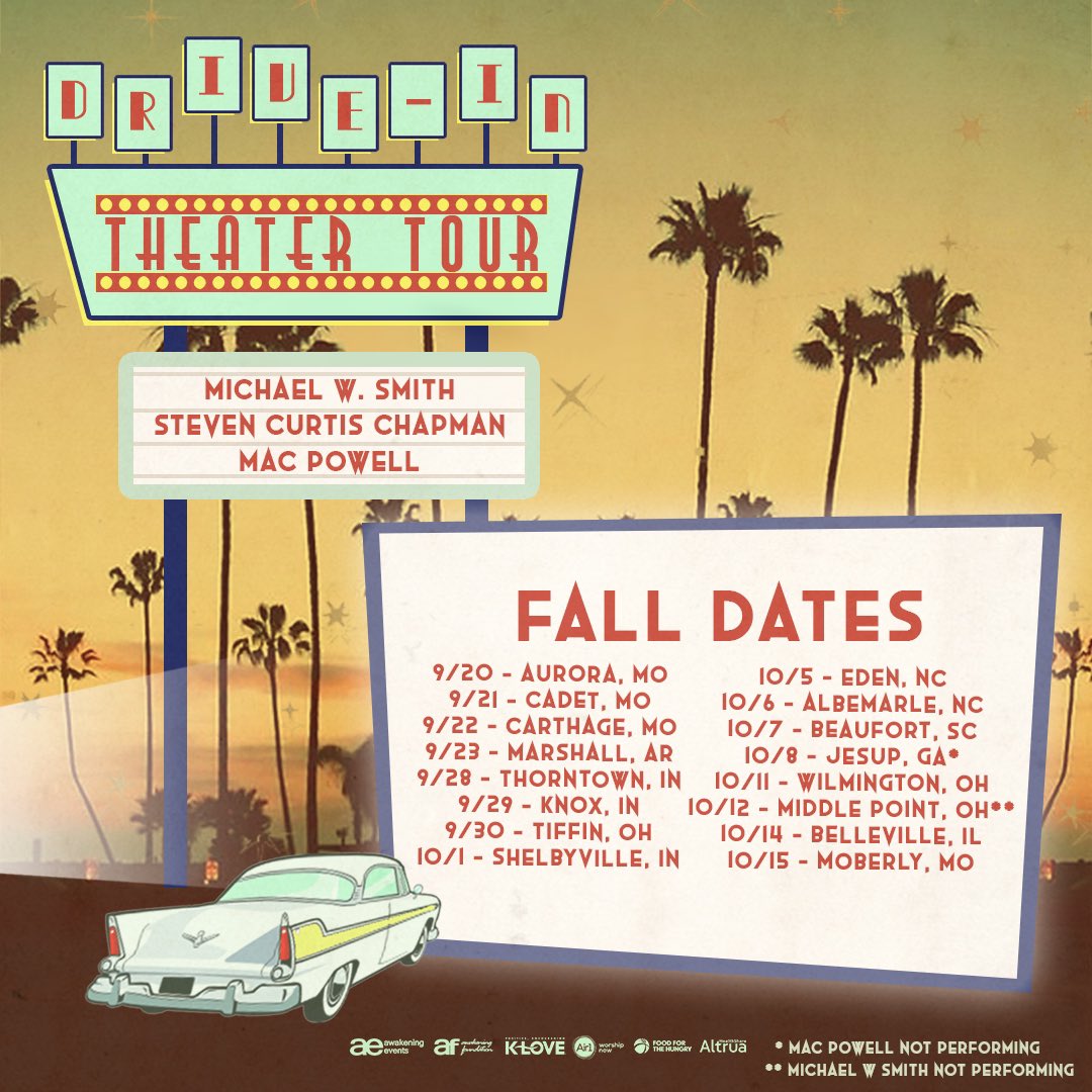 StevenCurtis's tweet image. New dates on sale now! I’m hitting the road with @michaelwsmith &amp;amp; @macpowell this Fall for our Drive-In Theater Tour! Concerts in the following cities are on sale now at stevencurtischapman.com/tour

10/11 Wilmington, OH
10/12 Middle Point, OH
10/14 Belleville, IL
10/15 Moberly, MO