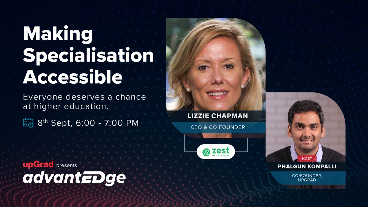 upGrad_edu's tweet photo. Join @ChapmanLizzie, CEO & Co-founder of @ZestMoney, as she discusses the importance of providing affordability & accessibility for quality higher education with host @kpphalgun, Co-founder, upGrad.
Register now - https://t.co/5bgZfKglxA | 8th Sept, 6 PM
#LearnWithupGrad https://t.co/gjJK6AzzRO