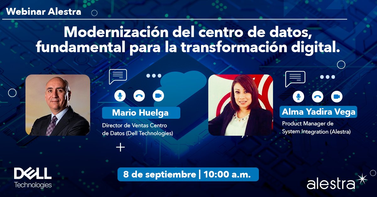 Alestra_MX's tweet photo. Nuestro partner @Delltechlatam está en una posición única para exponer la importancia de la modernización de un centro de datos para las empresas: cuenta con 2 de los líderes más innovadores en el campo. ¿Quieres conocerlos? Nos vemos en el #WebinarAlestra https://t.co/XzS8AZsTsK