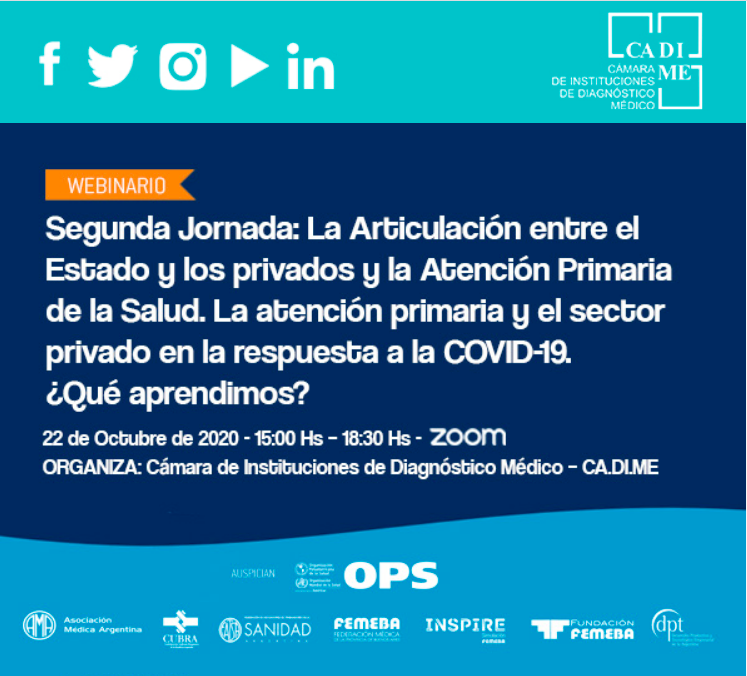 CADIMESALUD's tweet photo. INVITACIÓN | Segunda Jornada La Articulación entre el Estado y los privados y la Atención Primaria.
🗓️22 de octubre de 2020
🕘15:00
Información completa en https://t.co/r4ybdUBhM5
Esperamos su participación.
#SectorSalud #AtenciónPrimaria #APS #OPS #OMS #Cadime #CadimeSalud https://t.co/Jo1ZMEaPb2