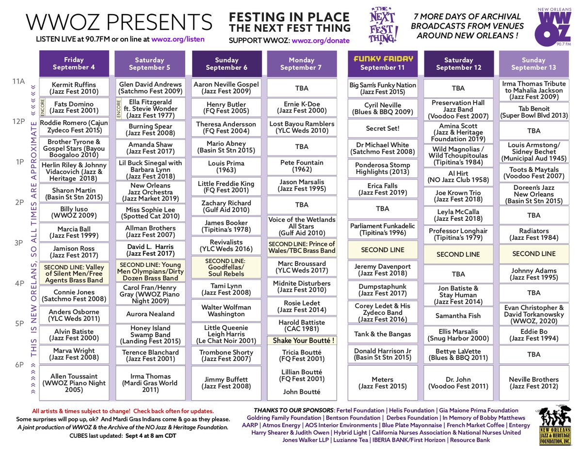 Jazznheritage's tweet photo. We'll be listening to "Festing In Place: The Next Fest Thing" on @wwoz_neworleans today and all weekend long! Hear it from anywhere in the world at https://t.co/JorqyjDtPr. https://t.co/vsJklHsXWd