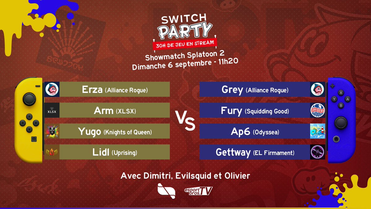 eSportBrosTV's tweet photo. La #SwitchParty sera l'occasion d'assister à un showmatch sur #Splatoon2 🦑🐙

Quelques compétiteurs issus des meilleures équipes de la communauté vont s'affronter et nous régaler 💪
Rendez-vous ce dimanche, de 10 à 12h, pour le spectacle ! https://t.co/CJO2xMnlKO