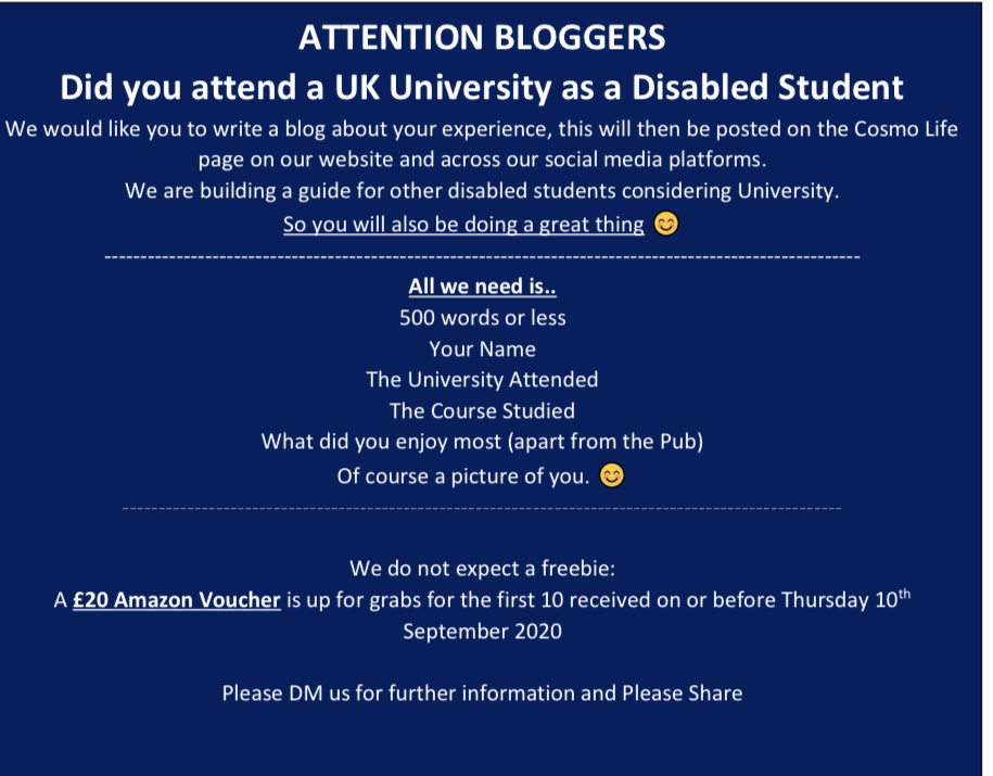 Calling ex University disabled students we need your #blog. Please help us build a disabled student guide to the university experience. An  @amazon £20 voucher is up for grabs. See below. #University #universities #DisabledBloggers #bloggerswanted