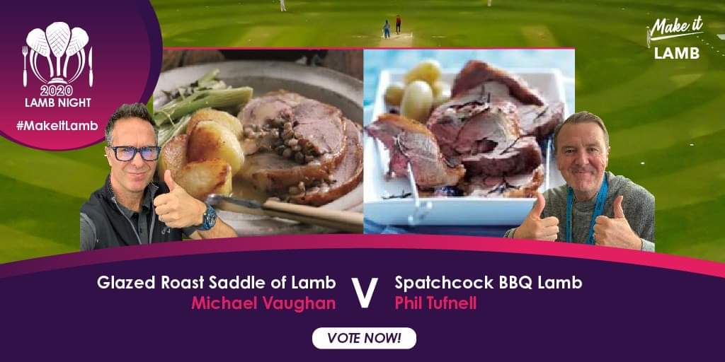 The dishes look fabulous but which will outrun the other, who is the stronger bowler or will it be a simple #LLW - #lovelambweek

<a href="/MichaelVaughan/">Michael Vaughan</a> saddle of lamb
V
<a href="/philtufnell/">Phil Tufnell</a> bbq spatchcock lamb

Please Vote ❎ and #Retweet