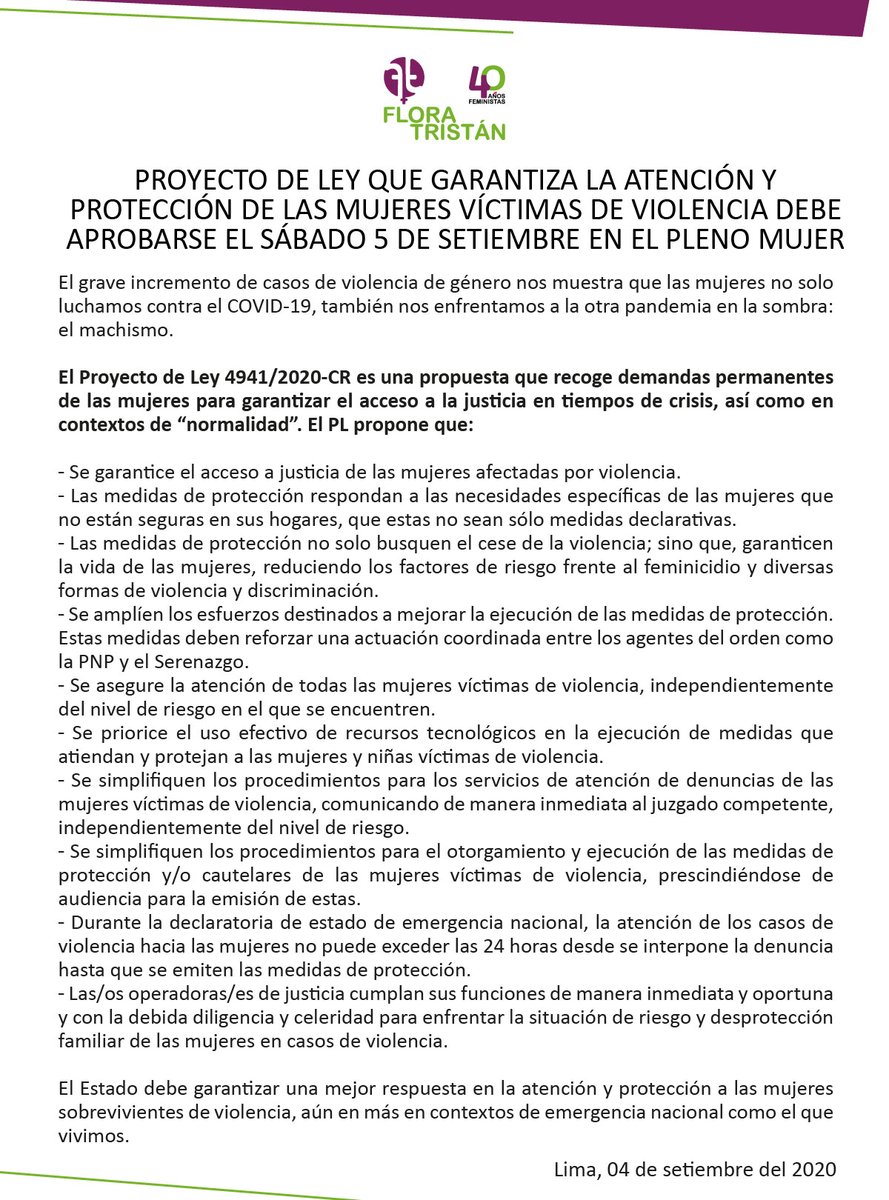 CMPFloraTristan's tweet photo. #PlenoMujer | Demandamos la aprobación del Proyecto de Ley 4941/2020-CR en el #PlenoMujer. Este PL garantiza la atención y protección de las mujeres víctimas de violencia; así como el acceso a justicia para todas. #SeráLey https://t.co/0MBX8xVXCw