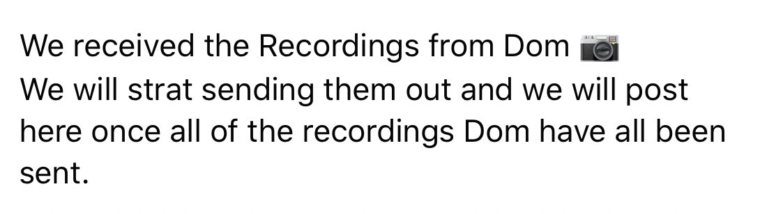 updateSherwood's tweet photo. #THOSVirtualCon | they received Dom’s video recordings! They’ll start sending them out and then make a post once they’ve all been sent. https://t.co/eKQYBHzQZx