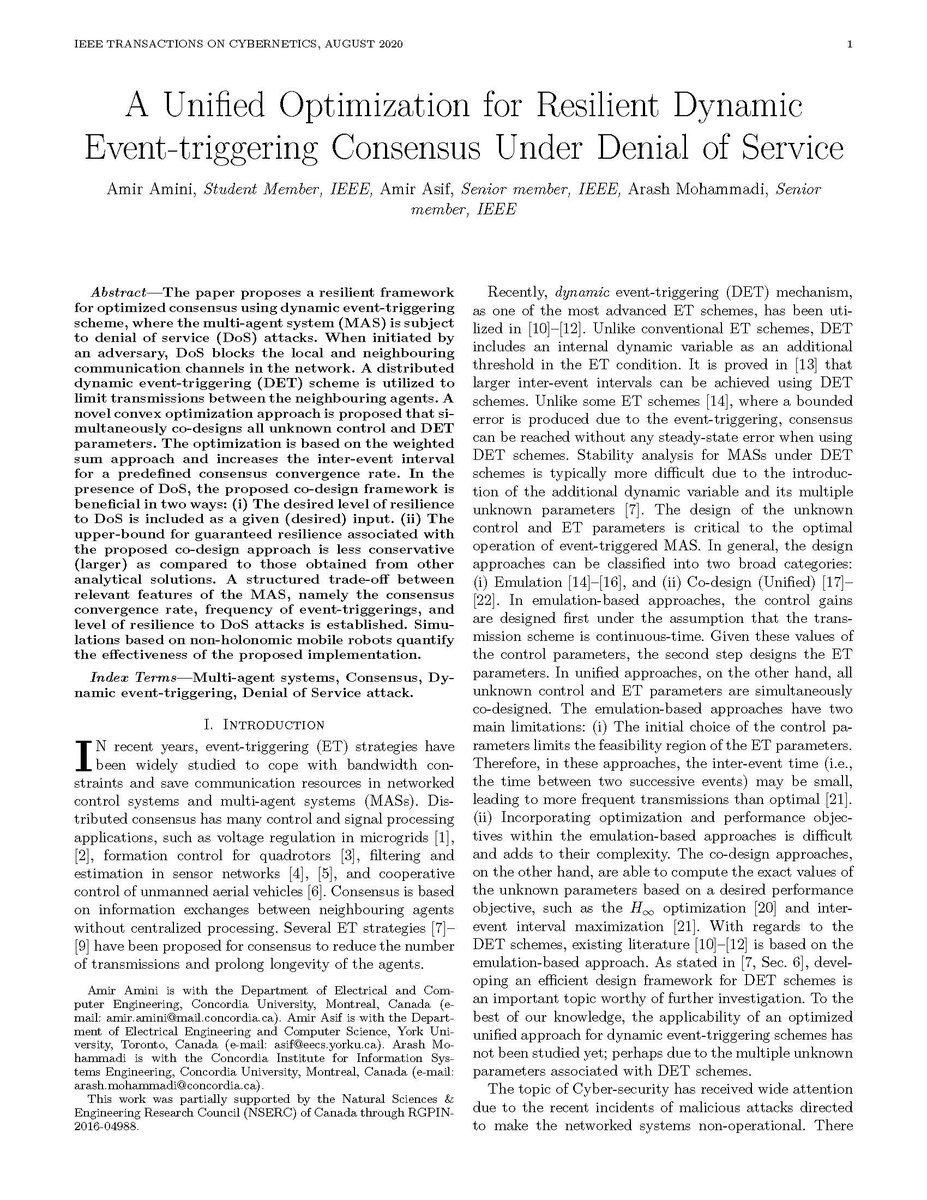 I_SIP_Lab's tweet photo. Congrats and Kudos to Amir (@amini_am_90) for acceptance of his paper in #IEEE TRANSACTIONS ON CYBERNETICS (#CYBB), Impact Factor of 11.079, describing a new Resilient Dynamic Event-Triggering Consensus approach under Denial of Service Attacks.
#EventTriggered #Consencus #DOS https://t.co/nhWaniZmRi