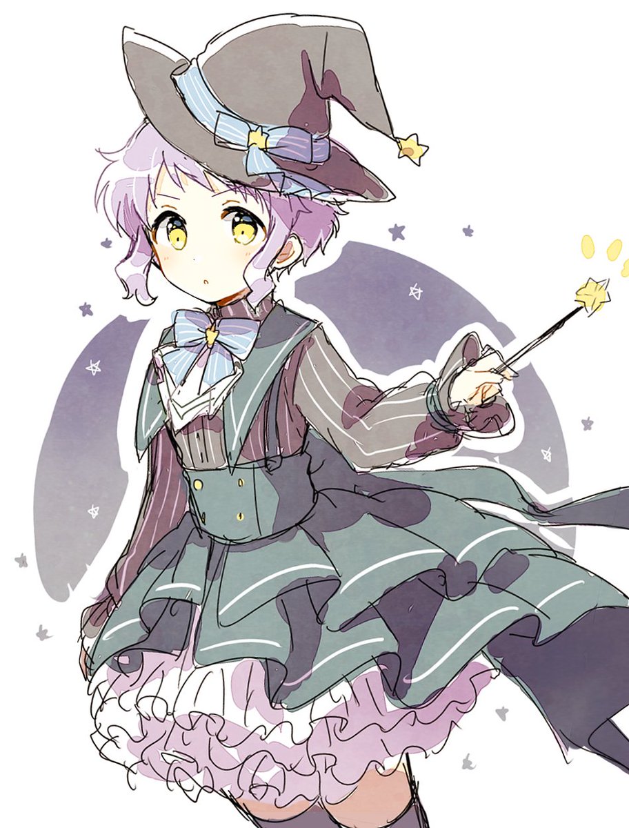 1girl hat solo witch hat wand purple hair yellow eyes  illustration images