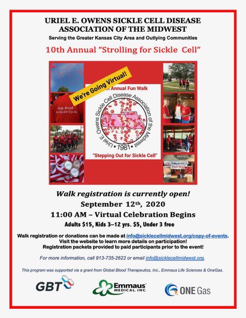 sicklecellmw's tweet image. Register today at sicklecellmidwest.org/copy-of-events for our Annual Fun Walk (virtual) and show your support for sickle cell disease!  Zoom celebration 9/12/20 for registrants. #FunWalk2020 #SickleCellAwarenessMonth #SickleCellMidwest