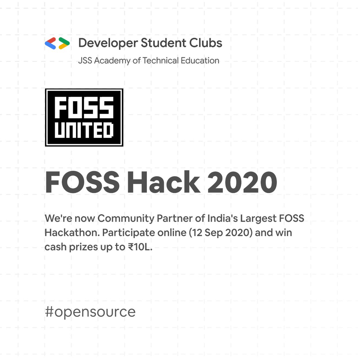 GDSCJSSATEN's tweet photo. We are glad to announce that we are now a community partner of FOSS Hack 2020. Great opportunity to start a new project or contribute to an existing one.

Register here: https://t.co/pqgZhp6b5a

#FreeSoftware #OpenSource #fosshack #fosshack2020 #fosshackathon https://t.co/dThUNLGPcw