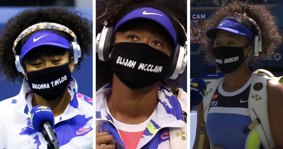 Graphic shows Naomi Osaka wearing masks to honor Breonna Taylor, Elijah McClain, and Ahmaud Arbery.