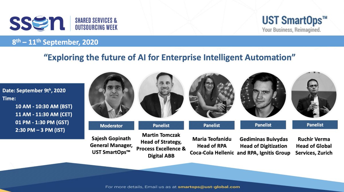 USTglobal's tweet photo. On September 9th, #USTSmartOps for #SSOW 2020, the world’s largest #SharedServices conference: https://t.co/FjMgUMsclZ #IntelligentAutomation #SSON #AI https://t.co/oW8Dcge1QB