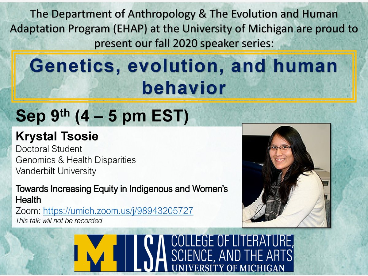 UmEhap's tweet photo. We are excited to announce our very first talk for this series! Our first speaker is Krystal Tsosie @kstsosie!! #virtualseries #WomenInStem #anthrobiotwitter #genetics https://t.co/Hlf7v7kLqO