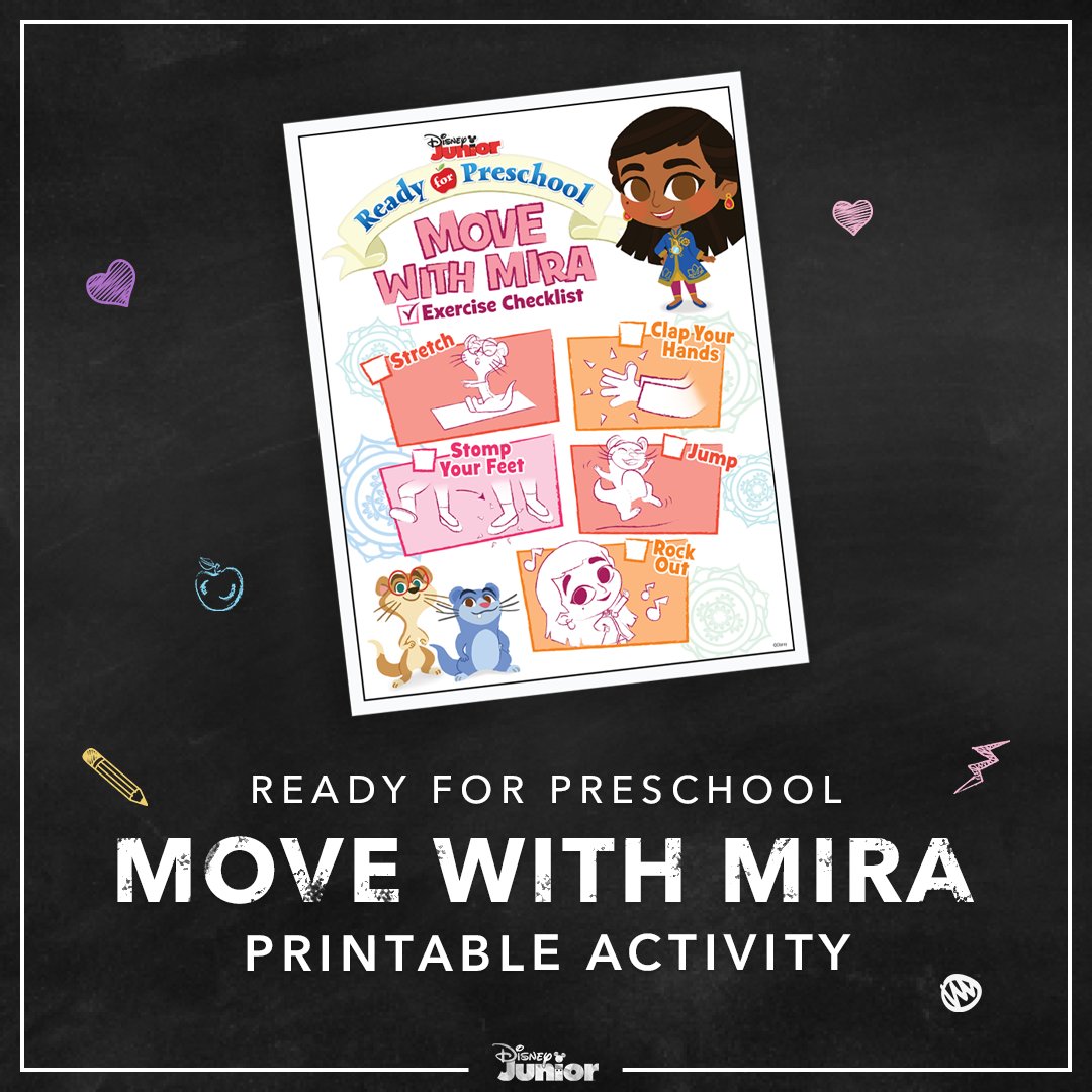 DisneyJr's tweet image. Get your kids moving, stretching, clapping, stomping and rocking out with Mira and this Ready for Preschool activity sheet! 💪🏽 Download here: bit.ly/3jMwEmc

🔎 And catch the #ReadyforPreschool "Move with Mira" video here: youtu.be/uDAQOfsLLQc and in DisneyNOW