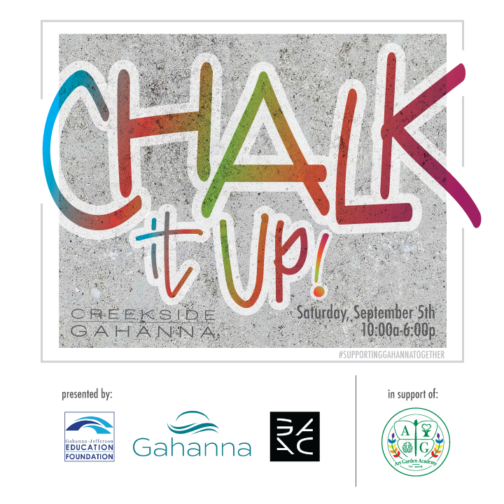 "CHALK IT UP" Gahanna!  TOMORROW

AT HOME – Decorate your sidewalks and driveways! Take a pic and post it  #SupportingGahannaTogether

IN THE PARK – Head to Friendship, Hannah and Sunpoint Parks. Chalk will be available

CREEKSIDE - Pick up chalk at the Creekside boat marina