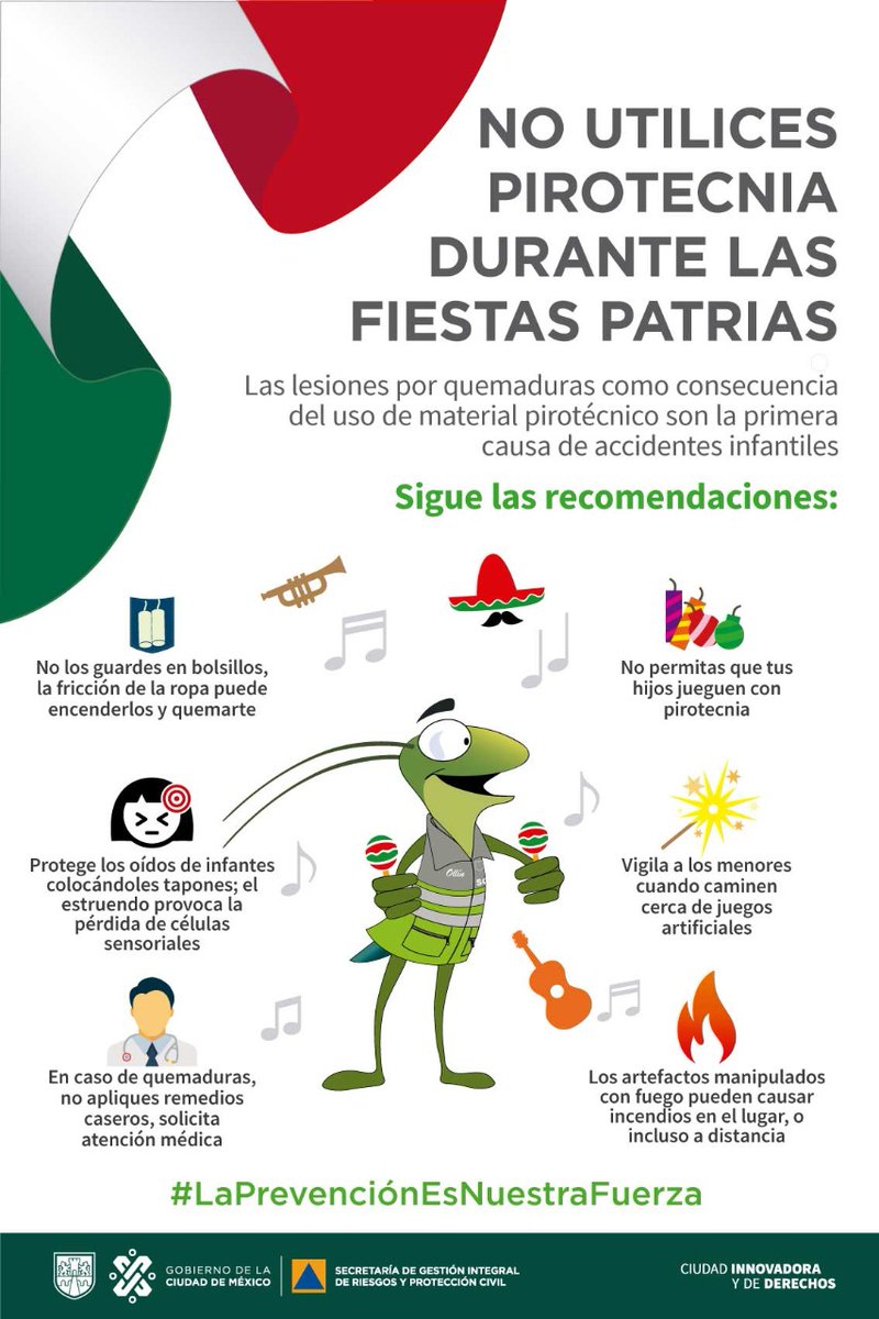 SGIRPC_CDMX's tweet photo. Durante las Fiestas Patrias, evitemos accidentes con pirotecnia. Sigue nuestras recomendaciones:

🧨No dejes que tus hijos jueguen con pirotecnia.
🧨Protege los oídos de los menores con tapones.
🧨En caso de quemaduras, no apliques remedios caseros.

#LaPrevenciónEsNuestraFuerza https://t.co/JOdcIk9yzQ