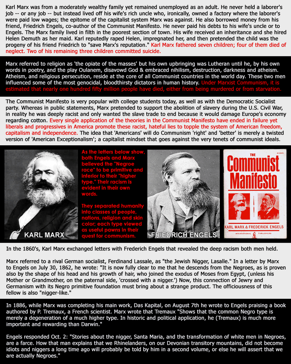 QDark2LightNet's tweet photo. @Sindrake Thanks for the follow👍 (been off this acct lately; I shift around to avoid censors)

I removed BlackSocialists in this reply since they'll report me for using racist words...even though I'm only quoting KMarxs' own words!
Do they know he was a HUGE racist who never worked?
Nah😜 https://t.co/R0ktlyENHh