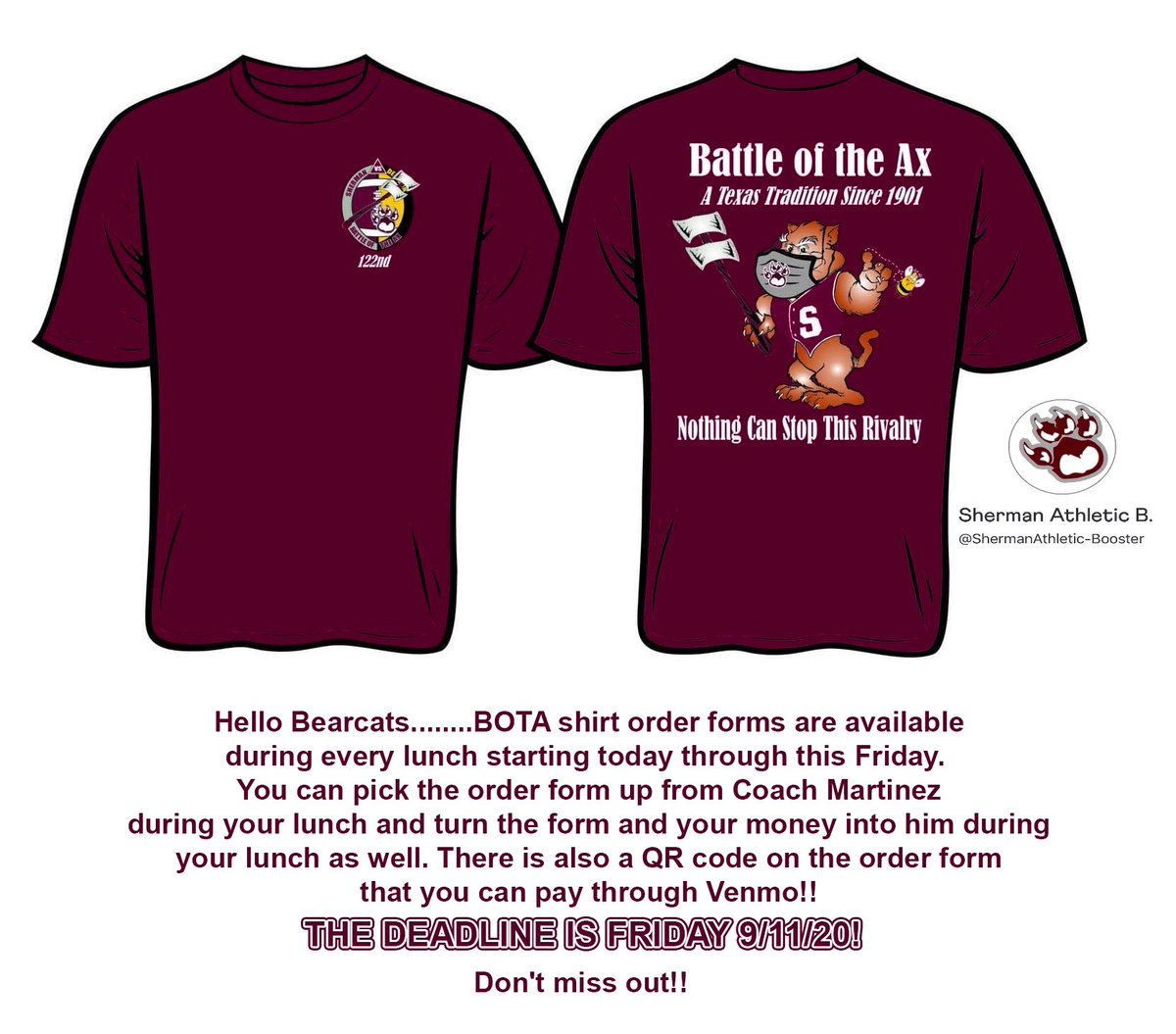 sherman_high's tweet photo. It's time to show your Bearcat spirit. The BIG GAME is just a few weeks away at Sherman Bearcat Stadium! Get your "Battle of the Ax" tshirt now! #ShermanHighSchool #Bearcats #BattleOfTheAx #BOTA https://t.co/YxqcnKJ408