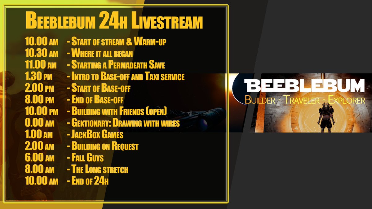 Beeblebum_GO's tweet photo. Hey Everyone! I hope you guys are as hyped as I am for tomorrow!
Please find below the planned schedule for the 24H Livestream. (The times are in CET, so you will have to check and convert to your time zone).
#24hlive #Beelive24 https://t.co/8eCqIfGdF1