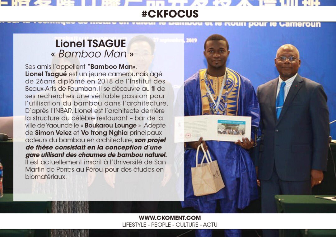 ckomentmagazine's tweet photo. #CKFOCUS 

Lionel Tsague Alias « Bamboo Man » est un jeune camerounais diplômé de l’institut des beaux arts qui a fait du bamboo sa spécialité. Il est l’architecte derrière la structure du célèbre « Boukarou Lounge » à Yaoundé. 

More at https://t.co/kIFIP3f5Pc 

#CKOMENT https://t.co/YoCTPdoLdf