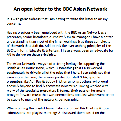 This thread is an open letter to the <a href="/bbcasiannetwork/">BBC Asian Network</a> to address concerns about their playlist process not being transparent. Please read as something that should open up dialogue between artists &amp; media, not to start negative debates.