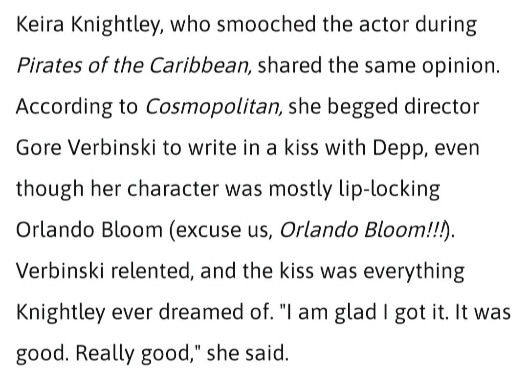  #KeiraKnightley on  #JohnnyDepp"I am glad I got a kiss..It was good,really good" #PiratesOfTheCaribbean #POTC #CaptainJackSparrow #ElizabethSwann #Sparrabeth
