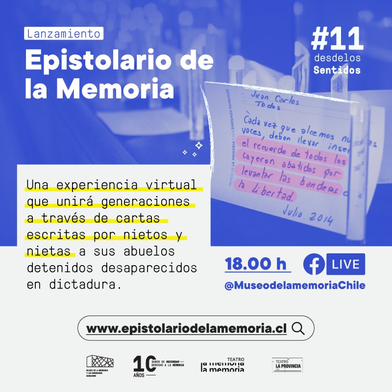 MuseoMemoriaCL's tweet photo. #Este11 reencontrémonos desde la memoria y los sentidos, a través de la nueva plataforma #EpistolarioDeLaMemoria 📝💞
Esta experiencia virtual unirá generaciones a través de cartas escritas por nietos y nietas a sus abuelos detenidos desaparecidos.🌹🕯
#11desdeLosSentidos 💖 https://t.co/TNPuccUUmz