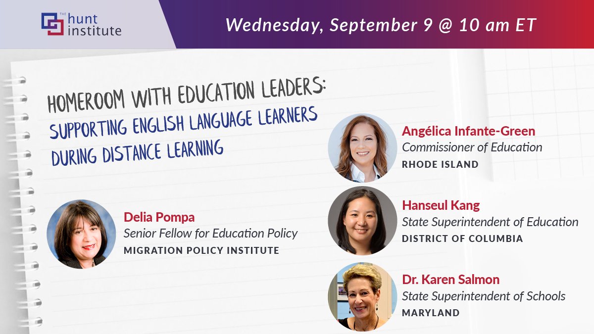 Hanseul Kang (@hanseulkang) on Twitter photo To give all students a chance to succeed, we must make sure English language learners continue to receive instruction during #remotelearning. I’m looking forward to talking with <a href="/Hunt_Institute/">The Hunt Institute</a> on Sept. 9 at 10 a.m. ET about supporting ELLs.
Register: bit.ly/2QLgNaY To give all students a chance to succeed, we must make sure English language learners continue to receive instruction during #remotelearning. I’m looking forward to talking with <a href="/Hunt_Institute/">The Hunt Institute</a> on Sept. 9 at 10 a.m. ET about supporting ELLs.
Register: bit.ly/2QLgNaY
