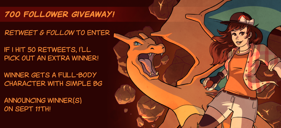 🔥 700 follower GIVEAWAY TIME, folks! 🔥

➡️RT &amp; follow to enter
➡️50 retweets = extra winner!
➡️Full-body character + simple background up for grabs
➡️Deadline Sept 11th!

No bots allowed, have fun &amp; best of luck!
