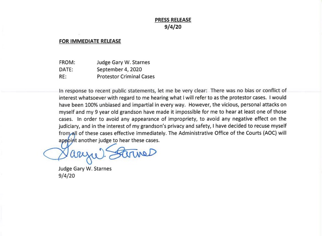 KileyThomasNews's tweet photo. BREAKING: Judge Gary Starnes recuses himself from all seven protestors’ court cases. That’s after he says an activist made “vicious personal attacks on himself and his 9-year-old grandson”. https://t.co/JweDKBd5oH