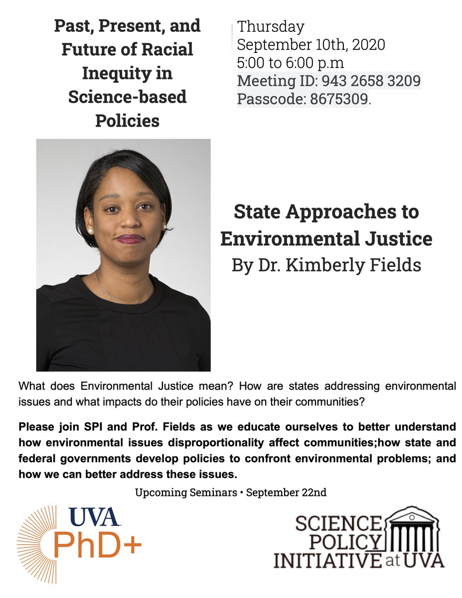 Sarah Goggin (@sarah_m_goggin) on Twitter photo Join <a href="/SPIatUVA/">Science Policy Intiative at UVA</a> next Thurs 9/10 at 5pm for the next seminar in our "Past, Present, and Future of Racial Inequity in Science-Based Policies" series - Prof. Kimberly Fields will discuss "State Approaches to Environmental Justice"
RSVP 👇 Join <a href="/SPIatUVA/">Science Policy Intiative at UVA</a> next Thurs 9/10 at 5pm for the next seminar in our "Past, Present, and Future of Racial Inequity in Science-Based Policies" series - Prof. Kimberly Fields will discuss "State Approaches to Environmental Justice"
RSVP 👇
