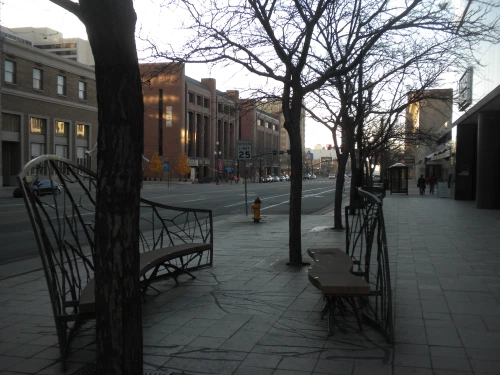 KevinClose5's tweet photo. Public seating in downtown SLC. The benches afford a more social experience which reflects the downtown location. The playful lines match the branches doubling as public sculpture. Credit @Dalrymple for pic/idea. @attucksadams @TalkingAboutDe2 #goodNbadDesign #talkingaboutdesign https://t.co/NgO2uPtKcI