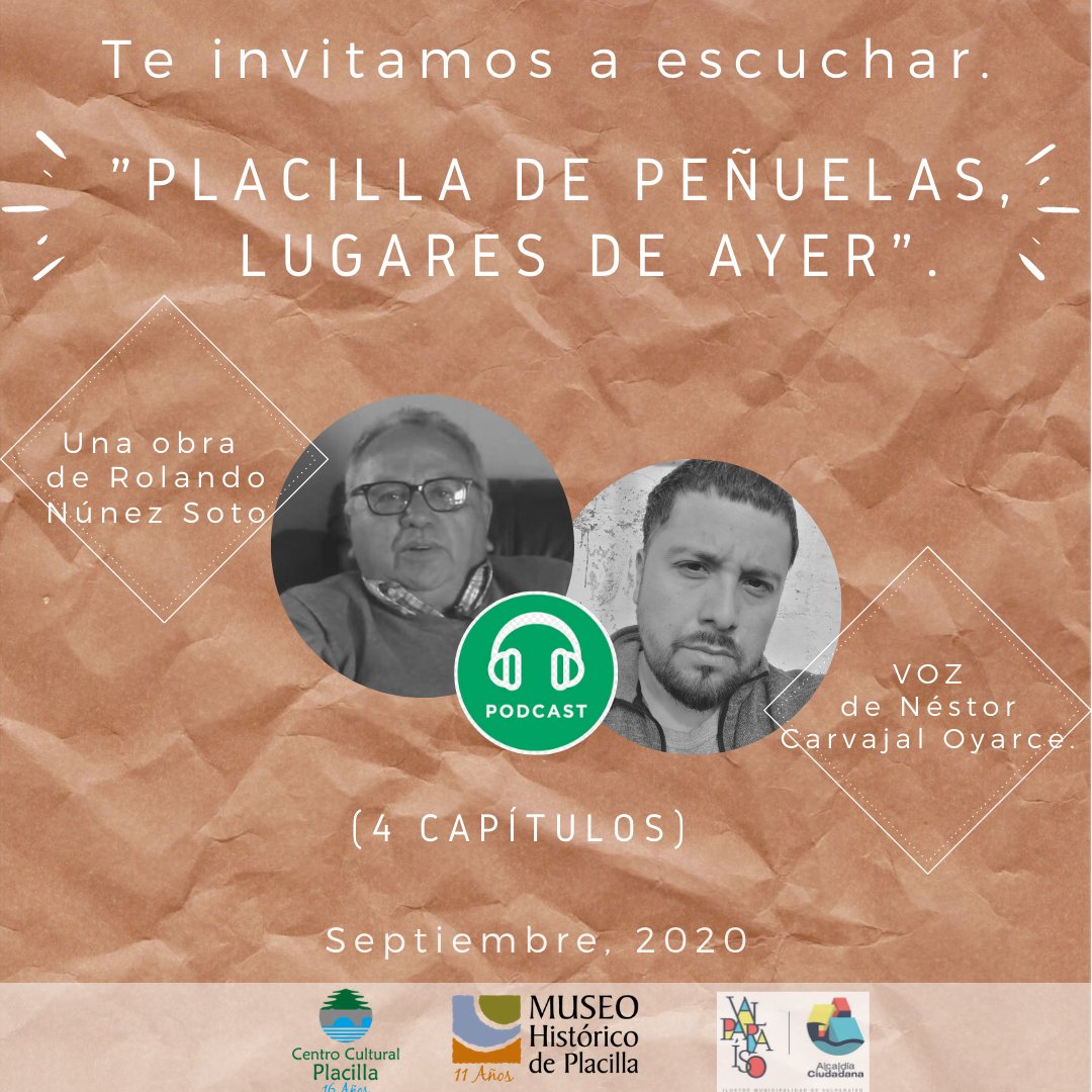 MuseodePlacilla's tweet photo. ¡ATENCIÓN! A contar de hoy y todos los viernes de septiembre presentaremos podcast, con relatos de #placilladepeñuelas en la voz del actor Néstor Carvajal Oyarce. https://t.co/FsU1S9WPKH