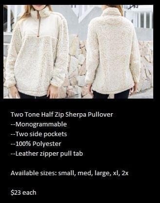 Tri_Embroidery's tweet photo. Fall fun is arriving!!  Reserve your very fashionable 1/2 zip pullovers and sherpas now.  All items are monogram friendly. https://t.co/FIBgcMBYTZ