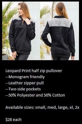 Fall fun is arriving!!  Reserve your very fashionable 1/2 zip pullovers and sherpas now.  All items are monogram friendly.