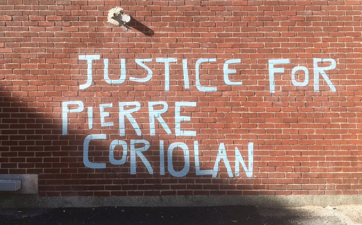 spirodon's tweet photo. yes, #JusticeForPierreCoriolan ! street art letters pasted up last night, full support for #DefundSPVM / #DefundThePolice. sharing text by @WillProsper written for @ricochet_en on this case https://t.co/gTjCXuYIHJ https://t.co/eARxLdV8va