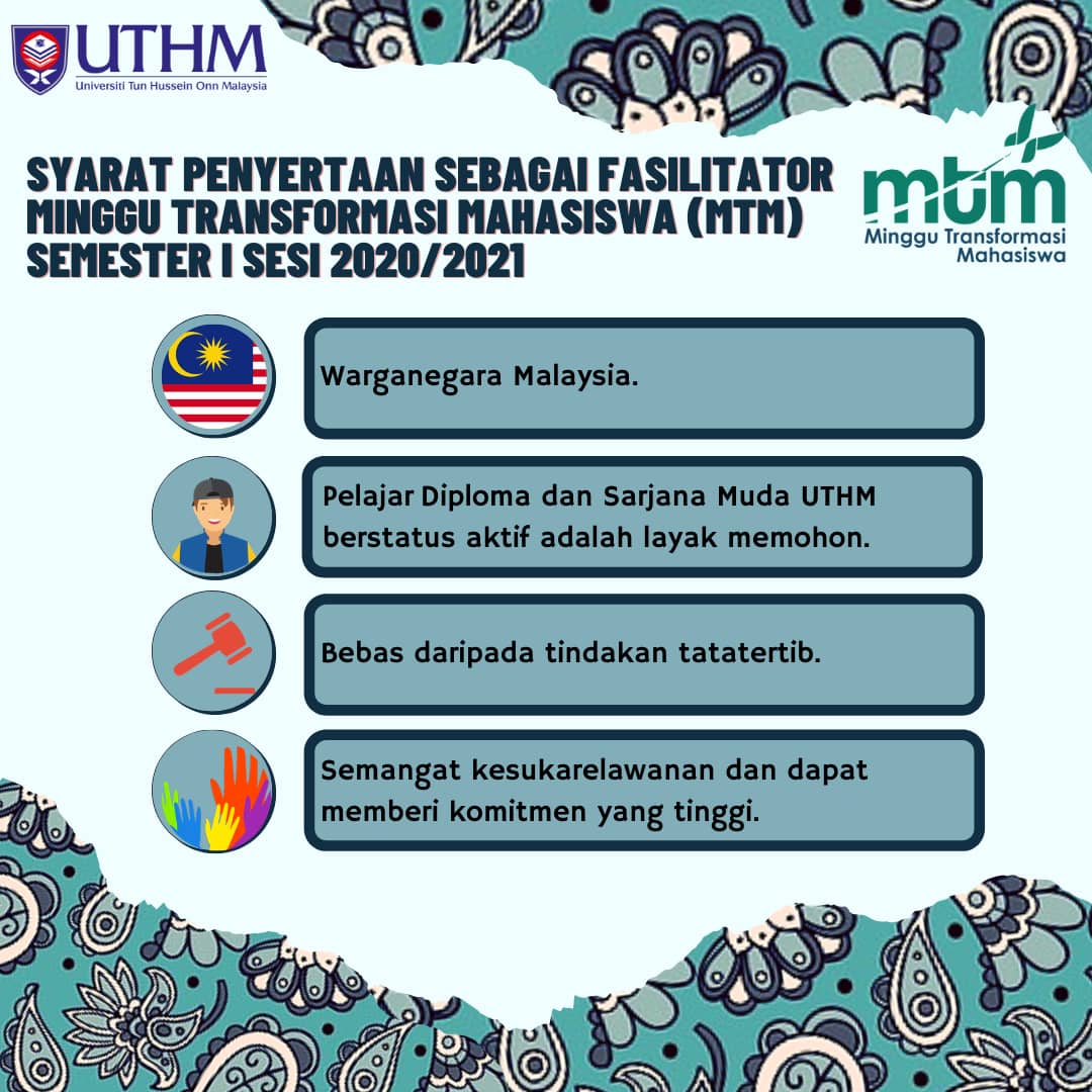 mpputhm's tweet photo. [PERMOHONAN SEBAGAI FASILITATOR  MINGGU TRANSFORMASI MAHASISWA (MTM) OKTOBER SESI 2020/2021 UTHM]

Permohonan kini dibuka bagi semua mahasiswa/i UTHM yang berminat untuk menyertai  Minggu Transformasi Mahasiswa (MTM) ambilan Sarjana Muda Semester 1 Sesi 2020/2021 https://t.co/MFgiBzEgQh