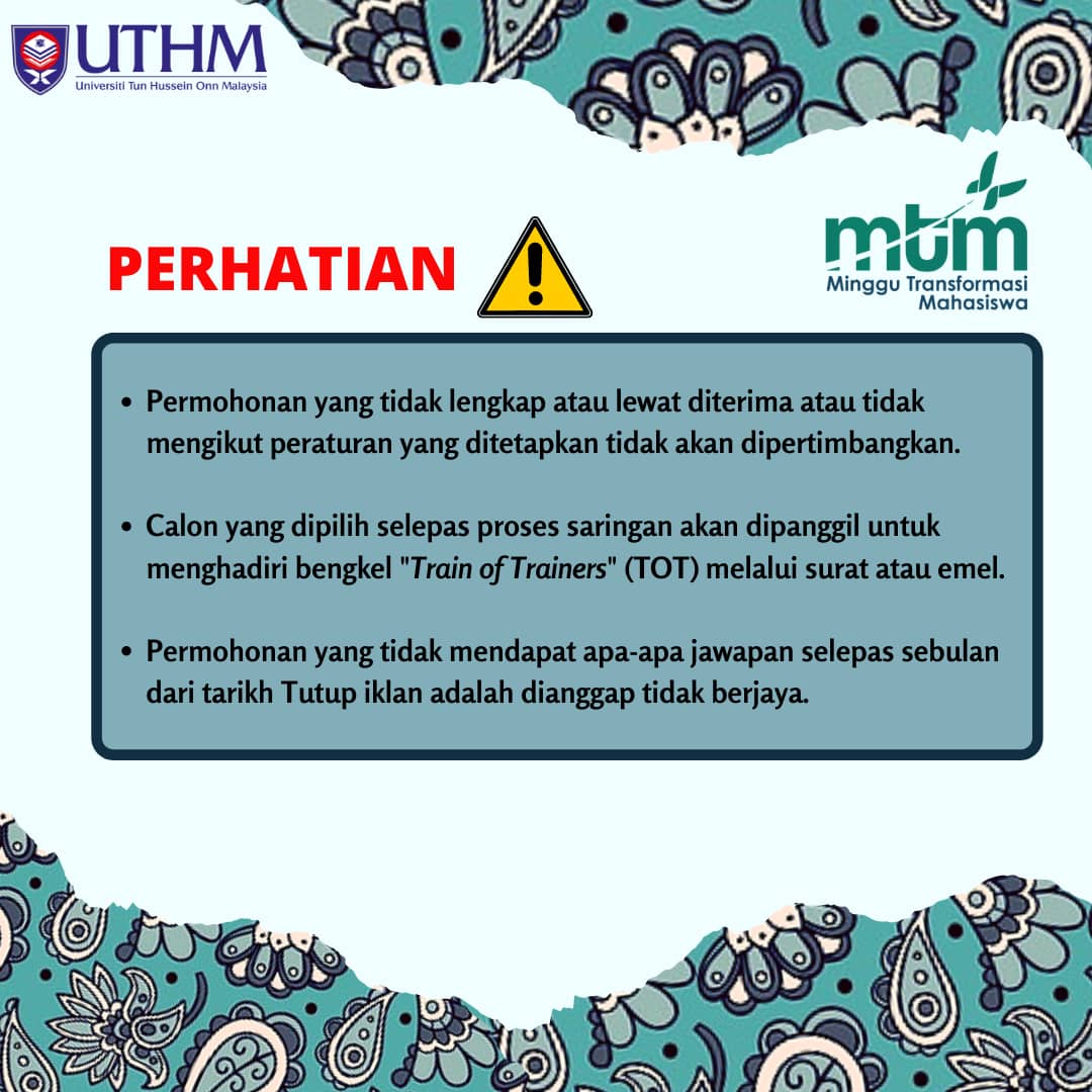 mpputhm's tweet photo. [PERMOHONAN SEBAGAI FASILITATOR  MINGGU TRANSFORMASI MAHASISWA (MTM) OKTOBER SESI 2020/2021 UTHM]

Permohonan kini dibuka bagi semua mahasiswa/i UTHM yang berminat untuk menyertai  Minggu Transformasi Mahasiswa (MTM) ambilan Sarjana Muda Semester 1 Sesi 2020/2021 https://t.co/MFgiBzEgQh