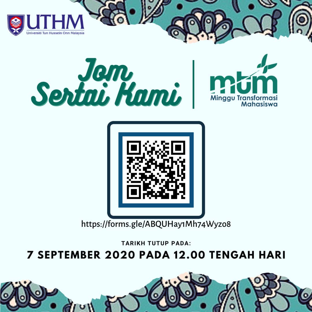 mpputhm's tweet photo. [PERMOHONAN SEBAGAI FASILITATOR  MINGGU TRANSFORMASI MAHASISWA (MTM) OKTOBER SESI 2020/2021 UTHM]

Permohonan kini dibuka bagi semua mahasiswa/i UTHM yang berminat untuk menyertai  Minggu Transformasi Mahasiswa (MTM) ambilan Sarjana Muda Semester 1 Sesi 2020/2021 https://t.co/MFgiBzEgQh