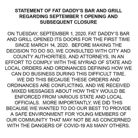 FatDaddysWV's tweet photo. Statement regarding Sept 1st opening and subsequent closure. (1/2) https://t.co/3rlhuPTBEb