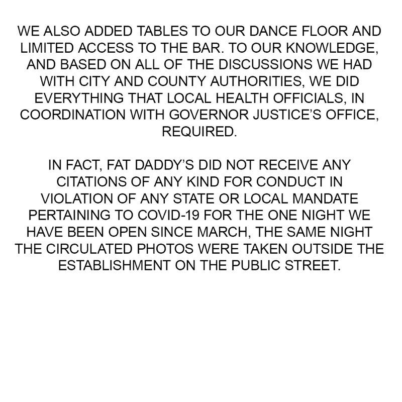FatDaddysWV's tweet photo. Statement regarding Sept 1st opening and subsequent closure. (1/2) https://t.co/3rlhuPTBEb