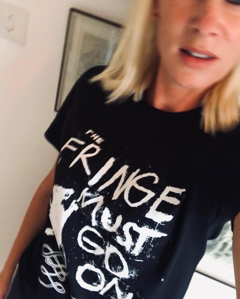 stoffholm's tweet photo. @stoffholm’s #linakarlmark is sporting the latest #CovidFRINGE fashion designed by @lilianbackman.se! #TheFringeMustGoOn is this year’s theme! !Facial covering? ✅! Punky T-shirt? ✅! All part of the #STOFF2020 hybrid festival merch! See you from Sept 15th? https://t.co/UectPMbLQl