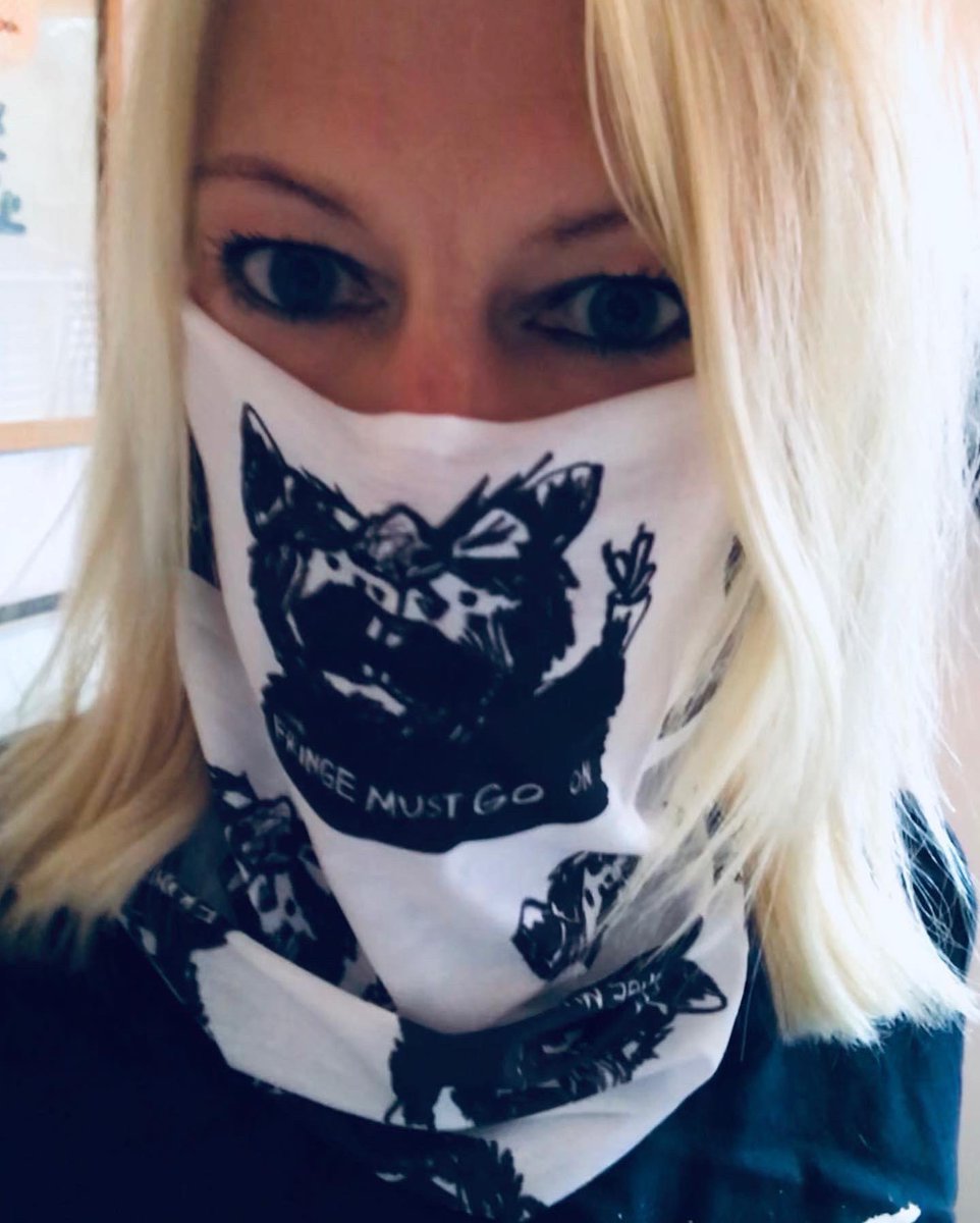 stoffholm's tweet photo. @stoffholm’s #linakarlmark is sporting the latest #CovidFRINGE fashion designed by @lilianbackman.se! #TheFringeMustGoOn is this year’s theme! !Facial covering? ✅! Punky T-shirt? ✅! All part of the #STOFF2020 hybrid festival merch! See you from Sept 15th? https://t.co/UectPMbLQl