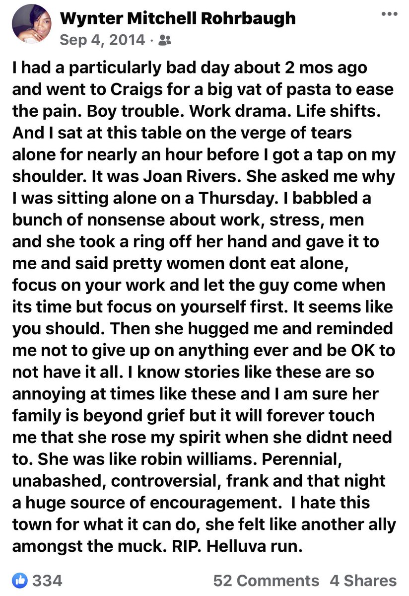 Today is the anniversary of Joan Rivers death. In 2014 2 months before she died, she saw me eating spaghetti alone at Craig’s on the verge of tears and took off the ring she was wearing and gave it to me and some wise words I carry to this day. That ring still sits in my mantle.