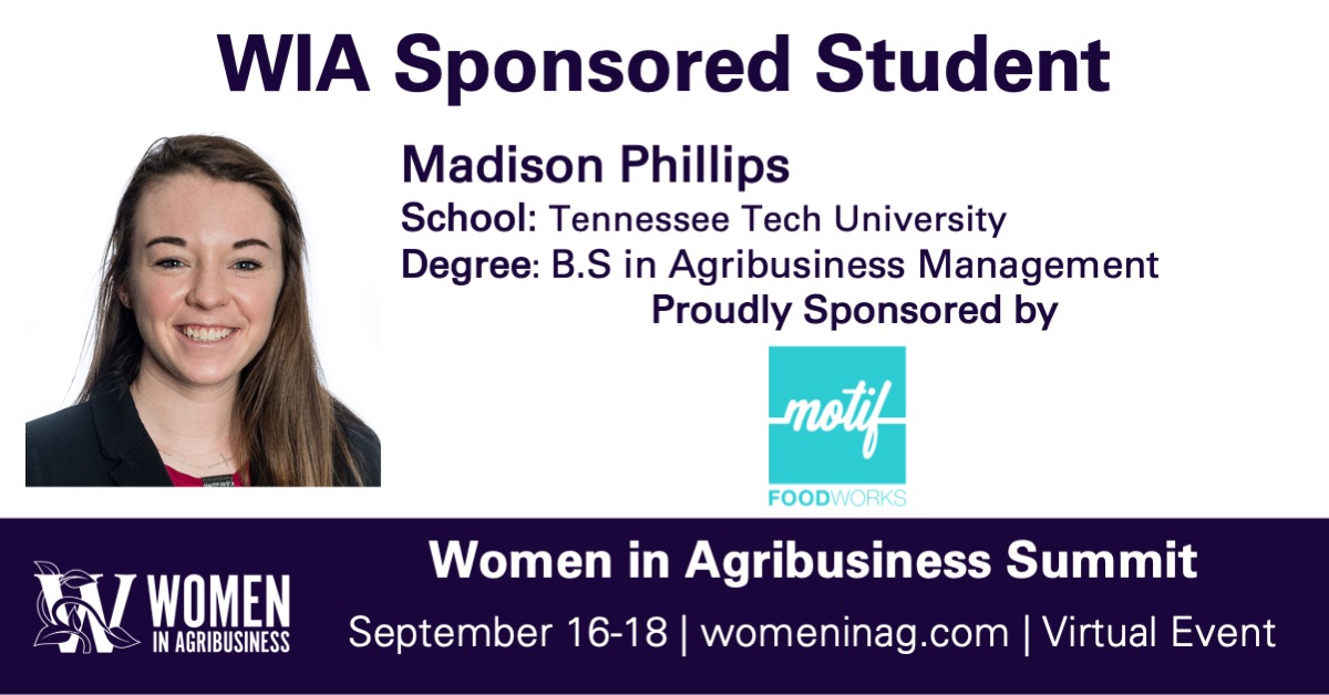 womeninagri's tweet photo. WIA is excited to announce @maditphillips as a #WIAS20 scholar sponsored by @motiffoodworks! Madison is attending @tennesseetech looking to gain her B.S. in Agribusiness Management. We welcome her &amp; thank Motif for their generosity! https://t.co/56Xm2GWSGJ https://t.co/FDP7GVSBRw