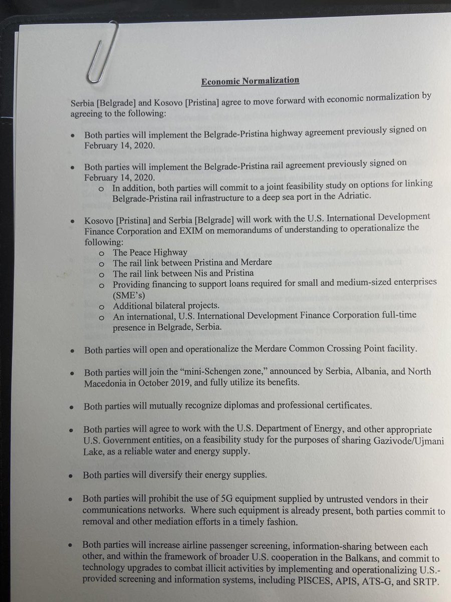 admirim's tweet photo. Agreement signed by @Avdullah:
- No mutual recognition
- Joint control of Ujmani Lake
- Kosovo suspends membership in international organizations for 1 year
- Mini-Schengen, aka mini-YU
- Special protections for Serbian Orthodox Church

To soften the blow:
- Recognition by Israel https://t.co/CAWfJXdY1V