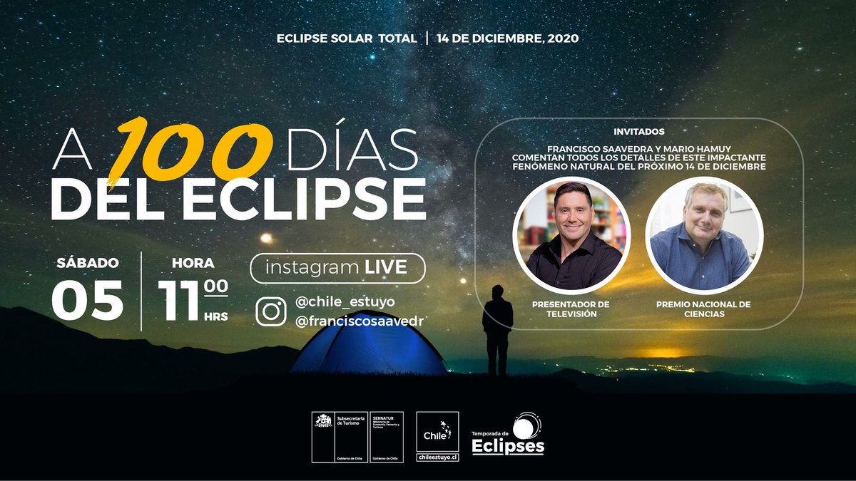 Fuchas_'s tweet photo. Mañana a las 11:00 hrs estaremos a #100DíasDelEclipse y @MarioHamuy estará conversando con Pancho Saavedra a través de Instagram Live, contándonos todos los detalles de este fenómeno que ocurrirá el 14 de diciembre. Conéctate mañana a las 11:00 hrs al IG live de @chileestuyo https://t.co/XPgrxNmJGR
